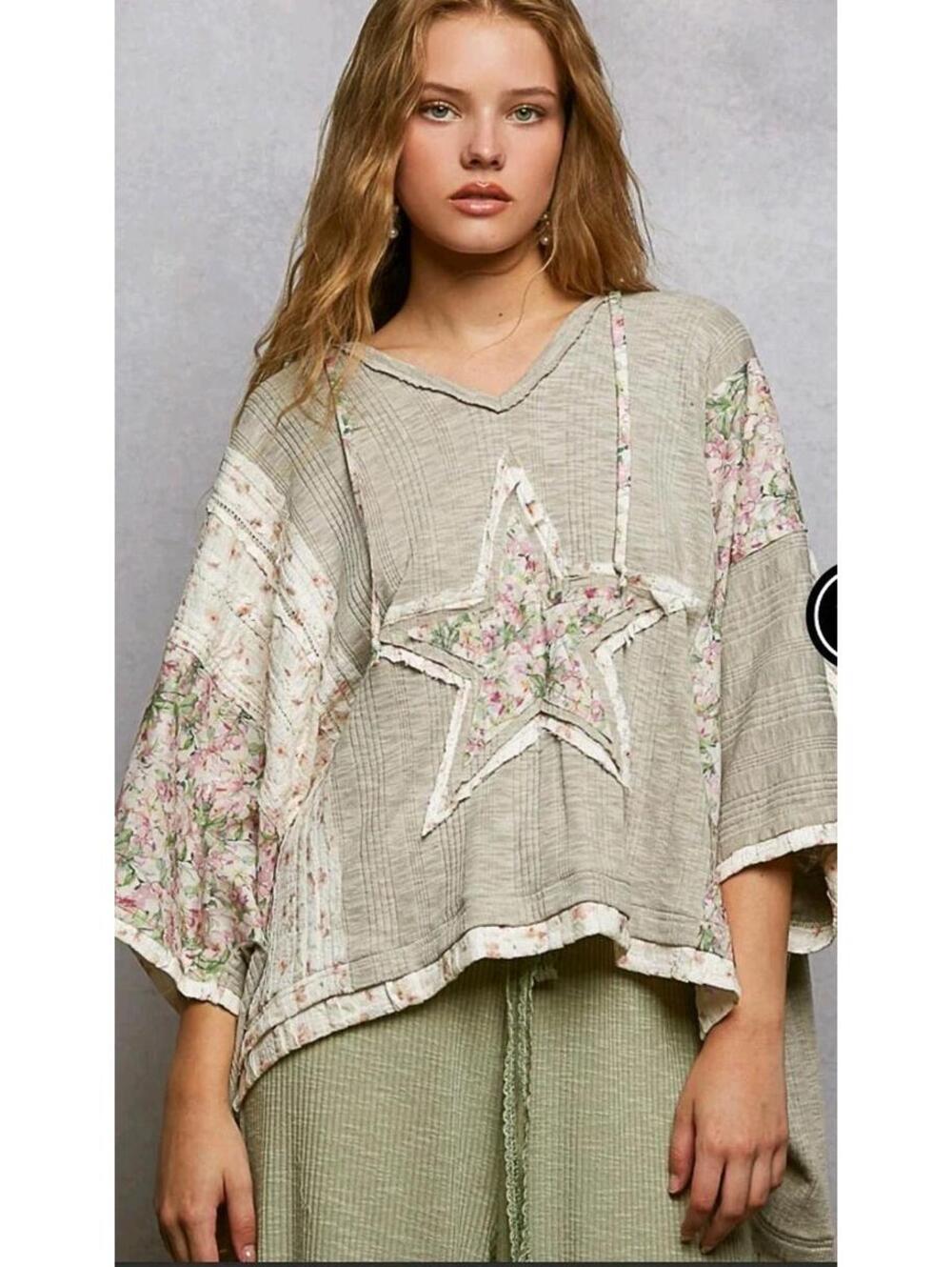 POL Distressed Multi Star Sage patchwork boho Hippie Dolman Top Shirt Boho Sz M